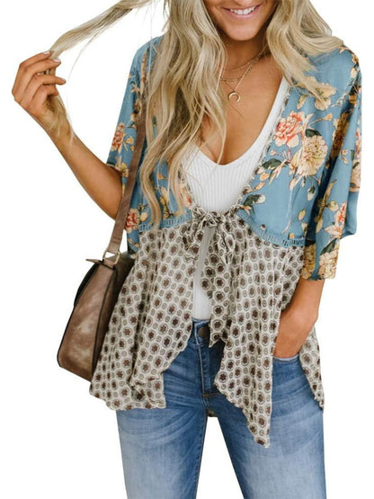 🌸Damenjacke mit Blumenmuster, Rüschen an den Ärmelbündchen und Bindebändern – locker geschnittener, luftiger Cardigan im Boho-Stil
