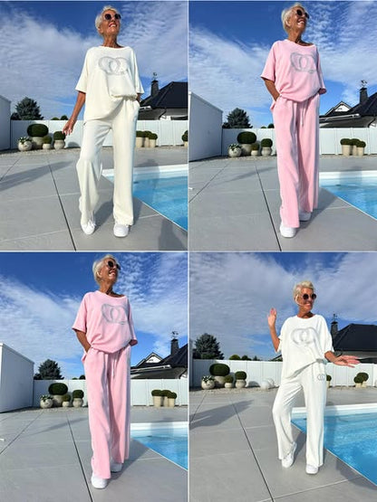 🌻Sommer-Sonderangebot – 50 % Rabatt🟌 Damen-Freizeit-Set, einfarbiges Kurzarm-Oberteil und lockere Hose