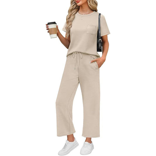 🌸Sommer-Sonderangebot: 55 % Rabatt💖Lässiges Lounge-Set für Damen mit kurzärmeliger, weit geschnittener, verkürzter Hose