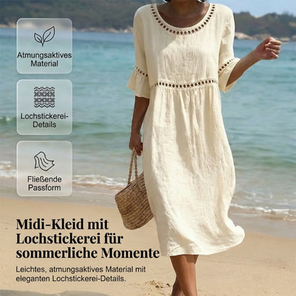 Midikleid aus Baumwolle und Leinen mit Lochstickerei