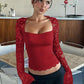 ✨Einfarbiges Damen-T-Shirt – Spitzenblumenmuster, Gesplittete Rüschen & Transparente Ärmel für Romantischen Look ✨