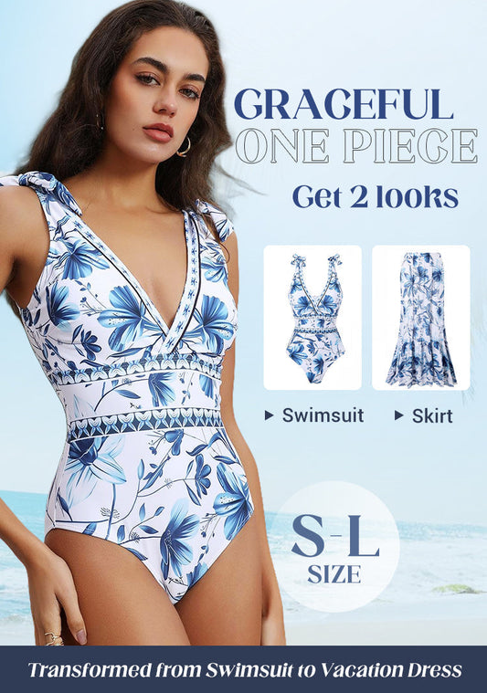 💥 Sonderangebot: 50 % Rabatt 💥 V Neck Lace Up Printed One Piece Swimsuit And Skirt