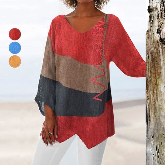 💖💃Elegantes lässiges V-Ausschnitt Langarm Kunstmuster bedrucktes Top für Damen