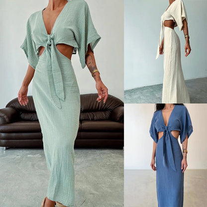 Sexy ausgeschnittenes Maxikleid mit Krawattenknoten für Frauen