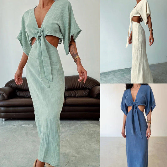 Sexy ausgeschnittenes Maxikleid mit Krawattenknoten für Frauen