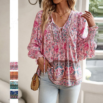 🌷🍃Damenmode bedrucktes Langarmshirt mit V-Ausschnitt