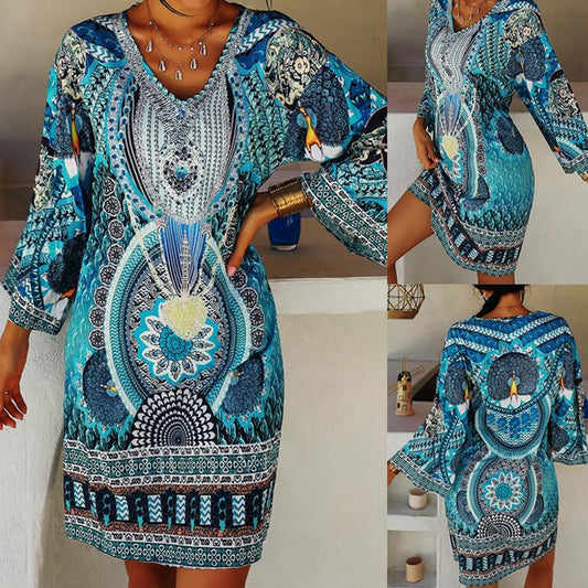 Langärmliges Kleid mit V-Ausschnitt und Bohemian-Print für Damen