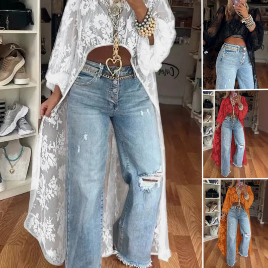 🔥Durchsichtiges, elegantes Maxi-Top mit Spitzenmuster