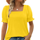 Lässiges T-Shirt mit quadratischem Ausschnitt und gesmokten Ärmeln für Damen