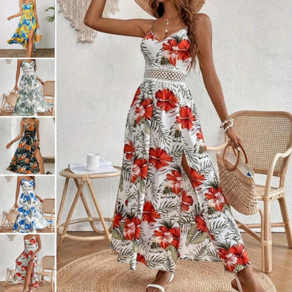 Fließendes Kleid mit Blumenmuster und hohem Schlitz für Damen mit Spaghettiträgern