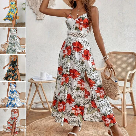 Fließendes Kleid mit Blumenmuster und hohem Schlitz für Damen mit Spaghettiträgern