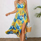 Fließendes Kleid mit Blumenmuster und hohem Schlitz für Damen mit Spaghettiträgern