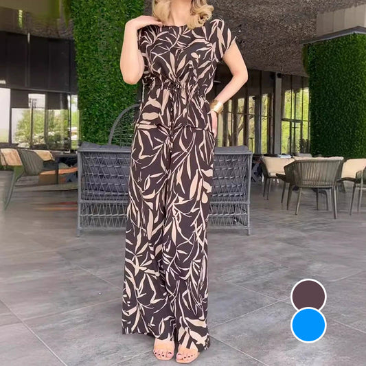 2-teiliges Set aus bedrucktem Hemd mit Bindegürtel und Hose mit weitem Bein