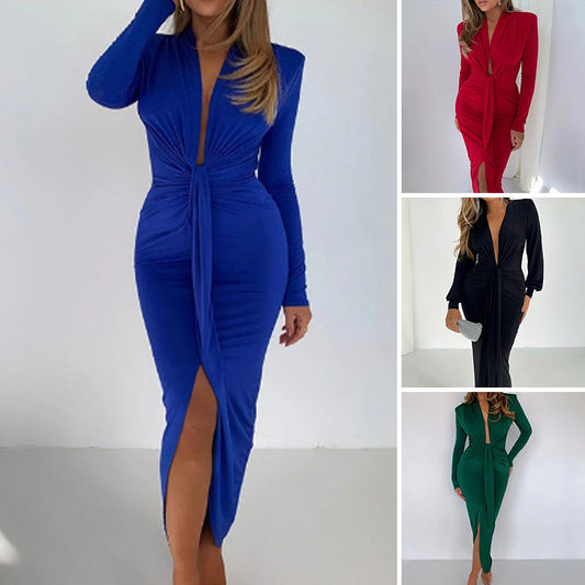 Sexy Damen Langarm Taille Schlankheitskleider mit fester Farbe