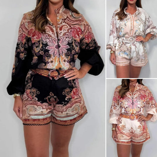🌷Sommer-Schnäppchen – 49 % Rabatt🩵Zweiteiliges Set aus Hemdbluse mit modischen Prints und Shorts mit Gürtel