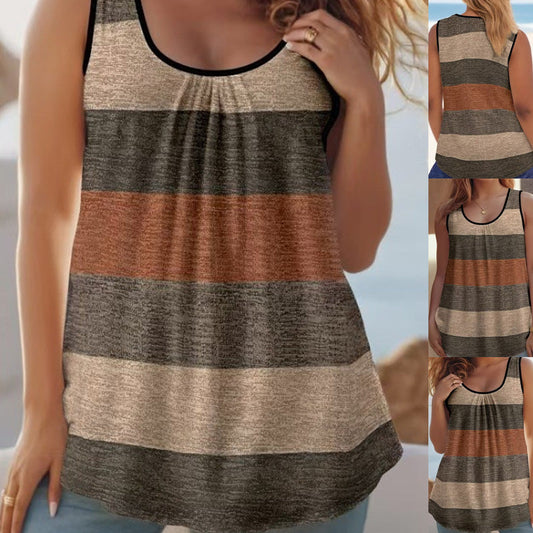 ❤️Damen Tanktop mit Farbblock-Muster und gerüschtem Ausschnitt, ärmellos