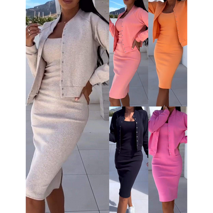 💎 60% RABATT – NUR FÜR KURZE ZEIT! 💎 Set aus figurbetontem Spaghettiträger-Kleid & Kurzjacke – 5 Farben, S–3XL, Stretch-Glamour ohne Kompromisse 🌸👗