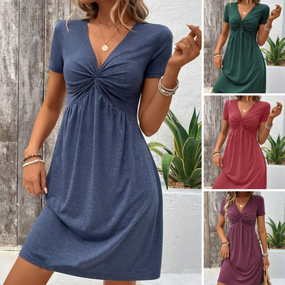 ✨ Neuheiten – V-Ausschnitt-Kurzarmkleid mit Drehdetail – bequem und atmungsaktiv 🌿