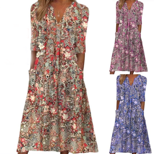 🌸 Lockeres V-Ausschnitt-Kleid mit Blumenprint – vielseitig kombinierbar, entspannte Passform für jeden Anlass. ✨