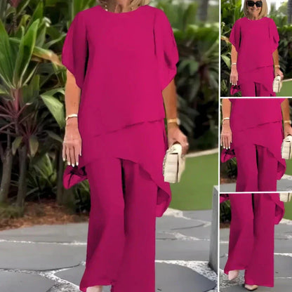 🌞Frühlingserwachen: 50% Rabatt!👗 Chiffon-Zweiteiler für Damen – Asymmetrisches Doppellagiges Top & Weite Hose – Atmungsaktiv & Elegant für Frühling & Urlaub