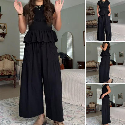 🌞✨Damen Gesmoktes Zweiteiler Set – Weite Bein Hose & Strukturierte Bluse, Vielseitig für Büro & Alltag