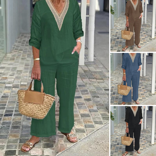 🌺Damen-Zweiteiler: Bluse mit V-Ausschnitt & weite Hose