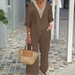 🌺Damen-Zweiteiler: Bluse mit V-Ausschnitt & weite Hose