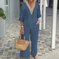 🌺Damen-Zweiteiler: Bluse mit V-Ausschnitt & weite Hose