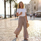⏳LETZTER TAG DES SALE – 50 % RABATT!🎁Gestreifte Gingham-Hose mit weitem Bein, hoher Taille und Taschen