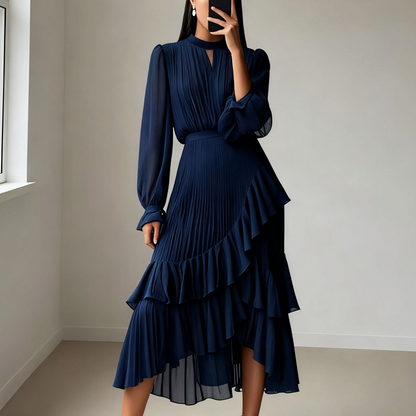 ✨Damen Plissee-Midikleid mit Volants und Schlüsselloch-Ausschnitt🌸💞