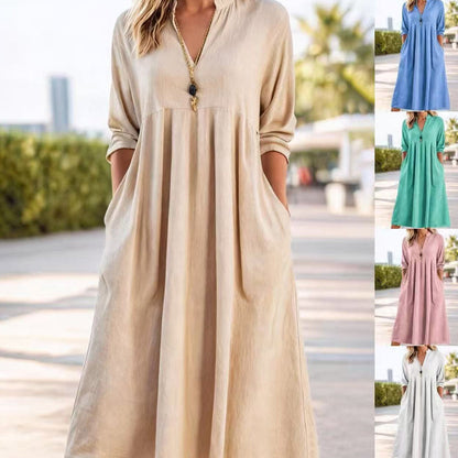 🔥Solange der Vorrat reicht 50 % Rabatt!🎉Damen Freizeit V-Ausschnitt Midi Kleid mit Taschen💞
