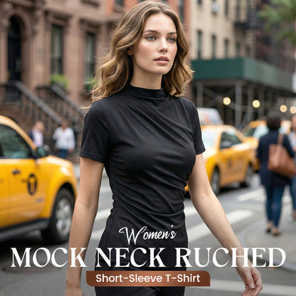 Damen-T-Shirt mit Stehkragen, Rüschen und kurzen Ärmeln
