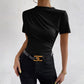 Damen-T-Shirt mit Stehkragen, Rüschen und kurzen Ärmeln