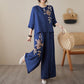 👚 60% RABATT! 🌸 Vintage-Stickerei Set – Atmungsaktives Baumwoll-Leinen, 3/4-Ärmel & Weite Hose Für Einen Eleganten Look 💃