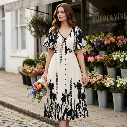 👗Jetzt 50% reduziert!🌸 Damen-Midikleid mit botanischem Print – V-Ausschnitt, A-Linie und Volantärmel🌿