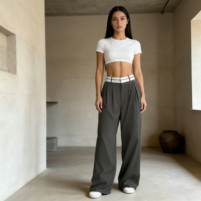 🔥Designer-Modell! Damen weite Anzughose – mit farbigem Kontrastgürtel | Leichter, fließender Stoff | Tragbar das ganze Jahr über ✨