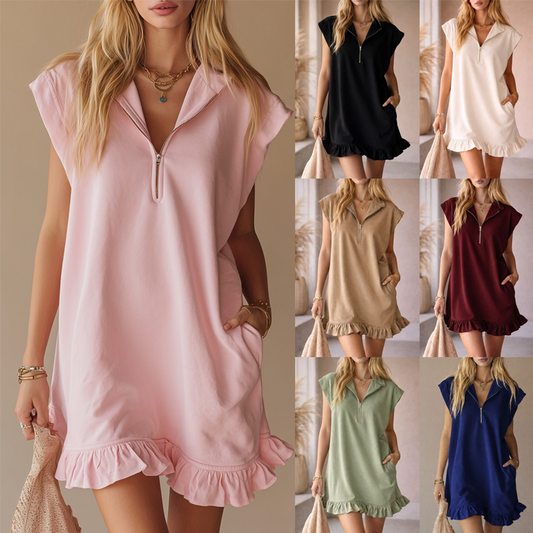 🌸HOT SALE 50% OFF🌸Women's Sleeveless Half-Zip Ruffle Hem Dress