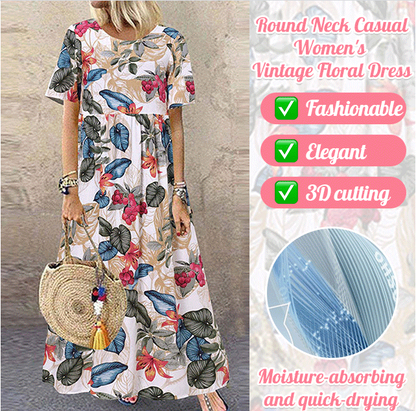 Maxikleid mit Retro-Blumenmuster 🌼 Rundhalsausschnitt, kurze Ärmel, locker und fließend – damit siehst du aus, als wärst du direkt aus einem Garten entsprungen 🌿