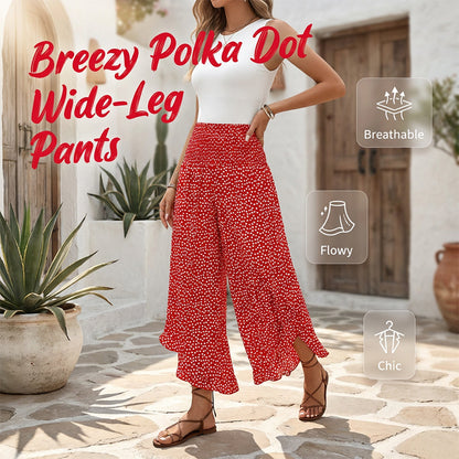 🌸 Weite Damenhose mit hoher Taille – Punkte-Print, Rüschensaum, figurbetonend & luftig leicht. ✨