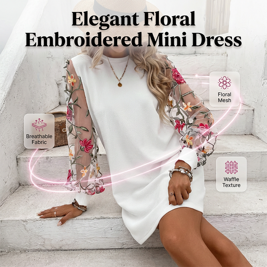 🌸Damenkleid mit floralen Stickereien und Mesh-Ärmeln
