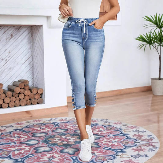 Stretch-Capri-Jeans für Damen mit Kordelzug in der Taille