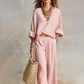 2-teiliges Set aus Damen-Top mit V-Ausschnitt und Hose mit weitem Bein
