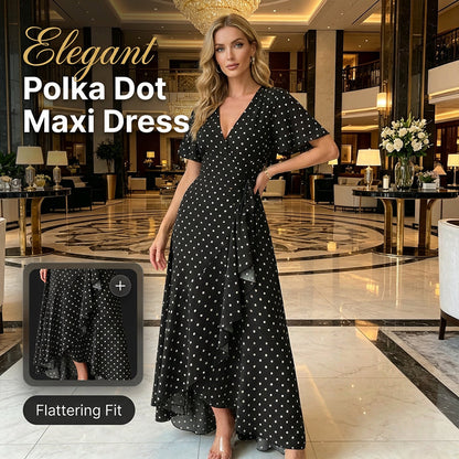Langes Damenkleid mit V-Ausschnitt und Polka-Dots