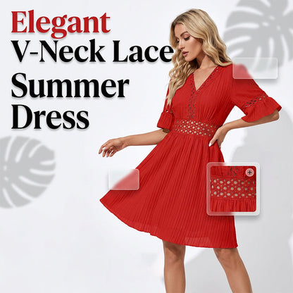 🌺Schickes Kleid mit V-Ausschnitt und Spitzenausschnitten
