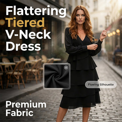 🌺Elegantes, gestuftes Langarmkleid mit V-Ausschnitt