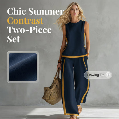 Lässiges Set aus ärmellosem Colorblock-Oberteil und Hose mit weitem Bein