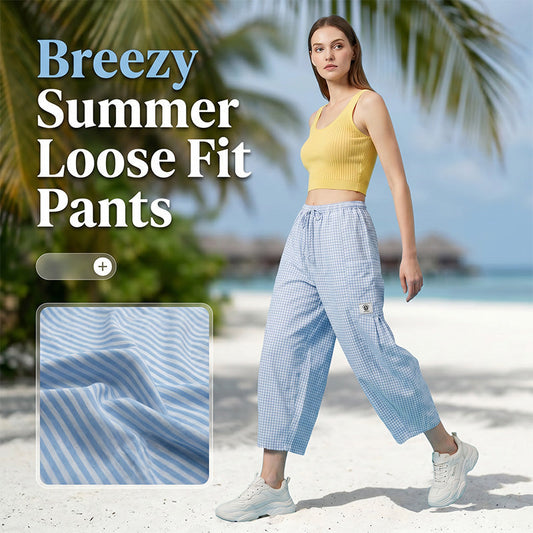 👖Lässige Damenhose aus Baumwoll-Leinen-Mischgewebe mit Karomuster und Kordelzug für den Sommer