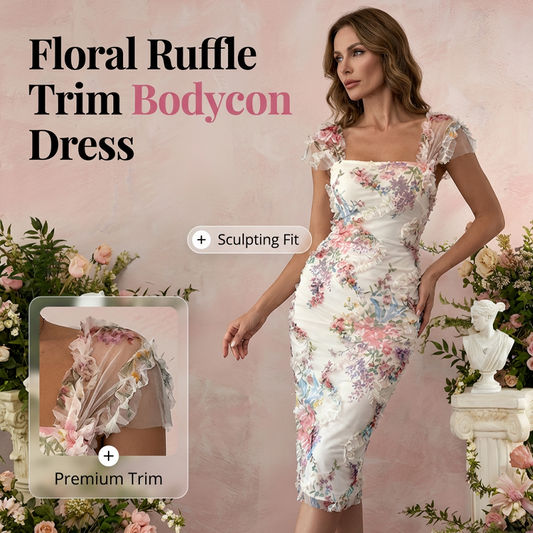 👗Eng anliegendes Midikleid mit Rüschenbesatz und Blumenmuster🌺