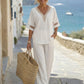 🌺Set aus elegantem Oberteil mit V-Ausschnitt und Hose mit weitem Bein