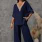 🌺Set aus elegantem Oberteil mit V-Ausschnitt und Hose mit weitem Bein